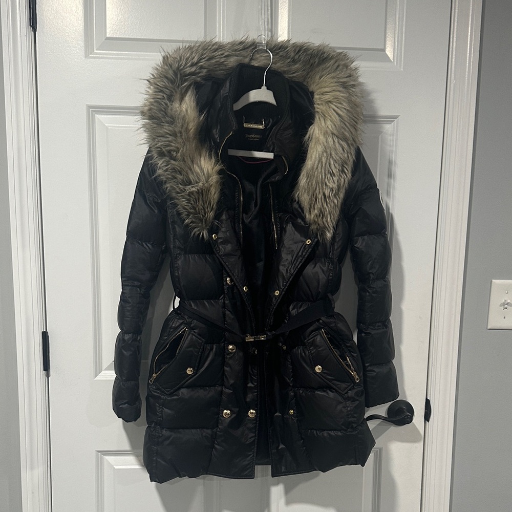 Juicy Couture Black Puffer Coat with Fur Hood